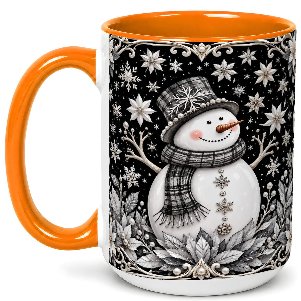 #pl[15oz|Orange] Pearl Snowman Coffee Mug, Poinsettia Winter Mug, Ceramic Cup