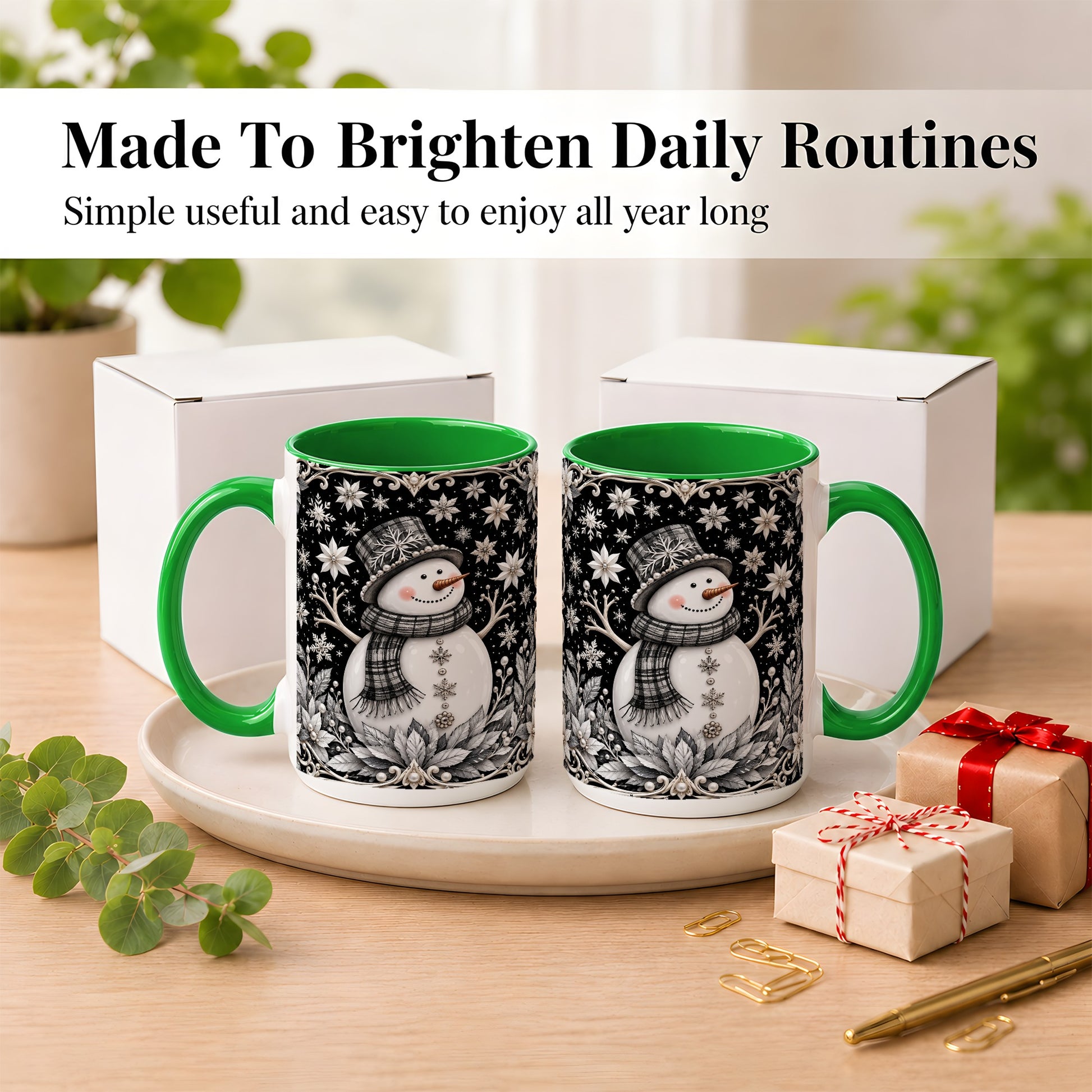 #pl[15oz|Green] Pearl Snowman Coffee Mug, Poinsettia Winter Mug, Ceramic Cup