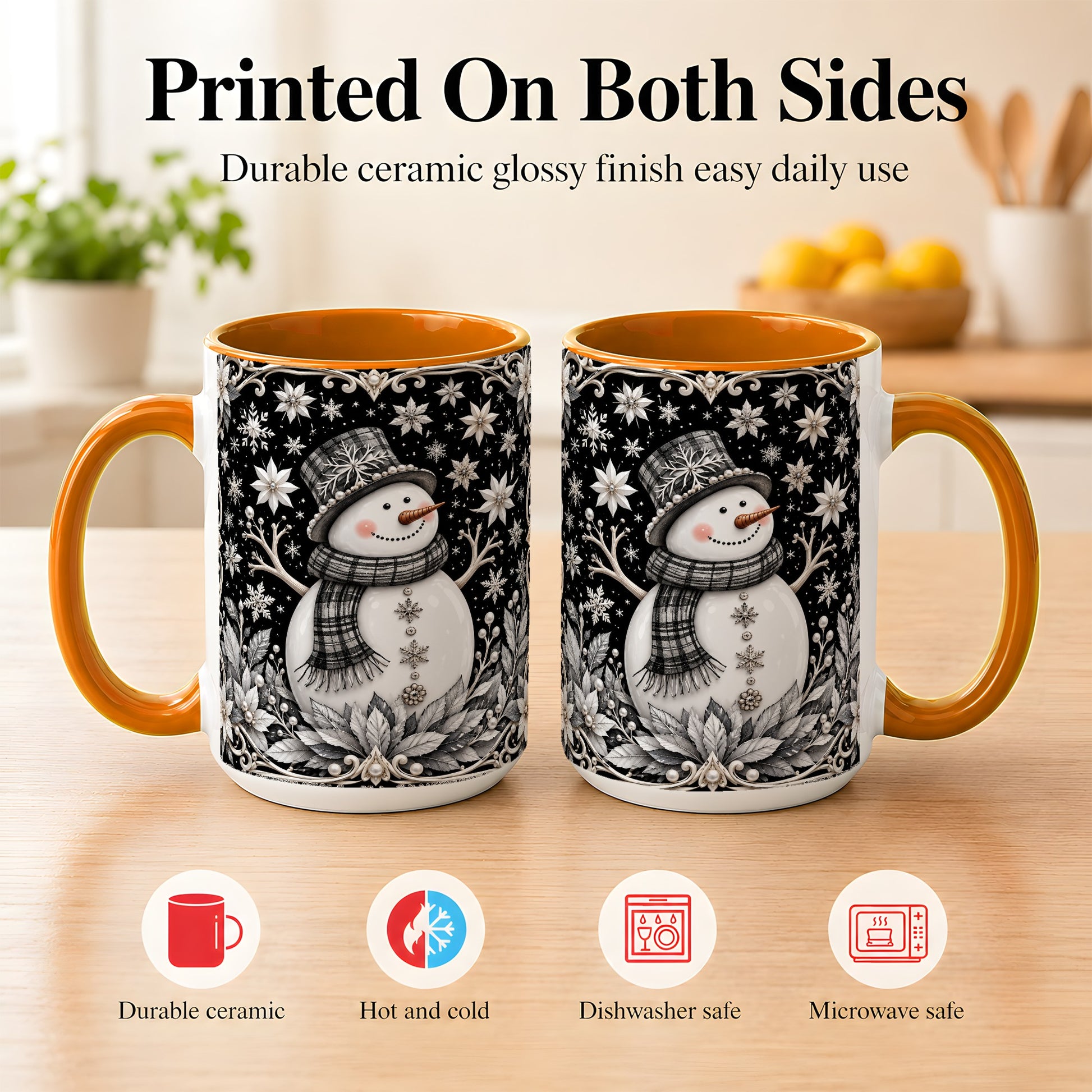 #pl[15oz|Orange] Pearl Snowman Coffee Mug, Poinsettia Winter Mug, Ceramic Cup