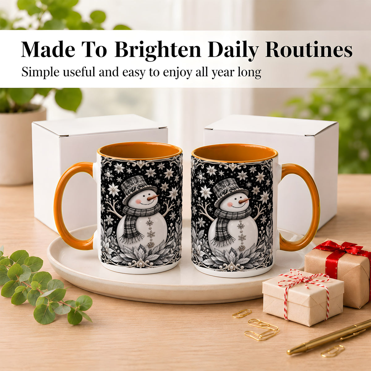 #pl[15oz|Orange] Pearl Snowman Coffee Mug, Poinsettia Winter Mug, Ceramic Cup
