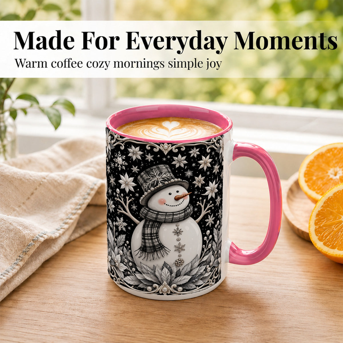 #pl[15oz|Pink] Pearl Snowman Coffee Mug, Poinsettia Winter Mug, Ceramic Cup