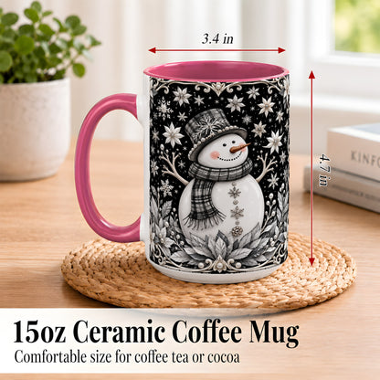 #pl[15oz|Pink] Pearl Snowman Coffee Mug, Poinsettia Winter Mug, Ceramic Cup
