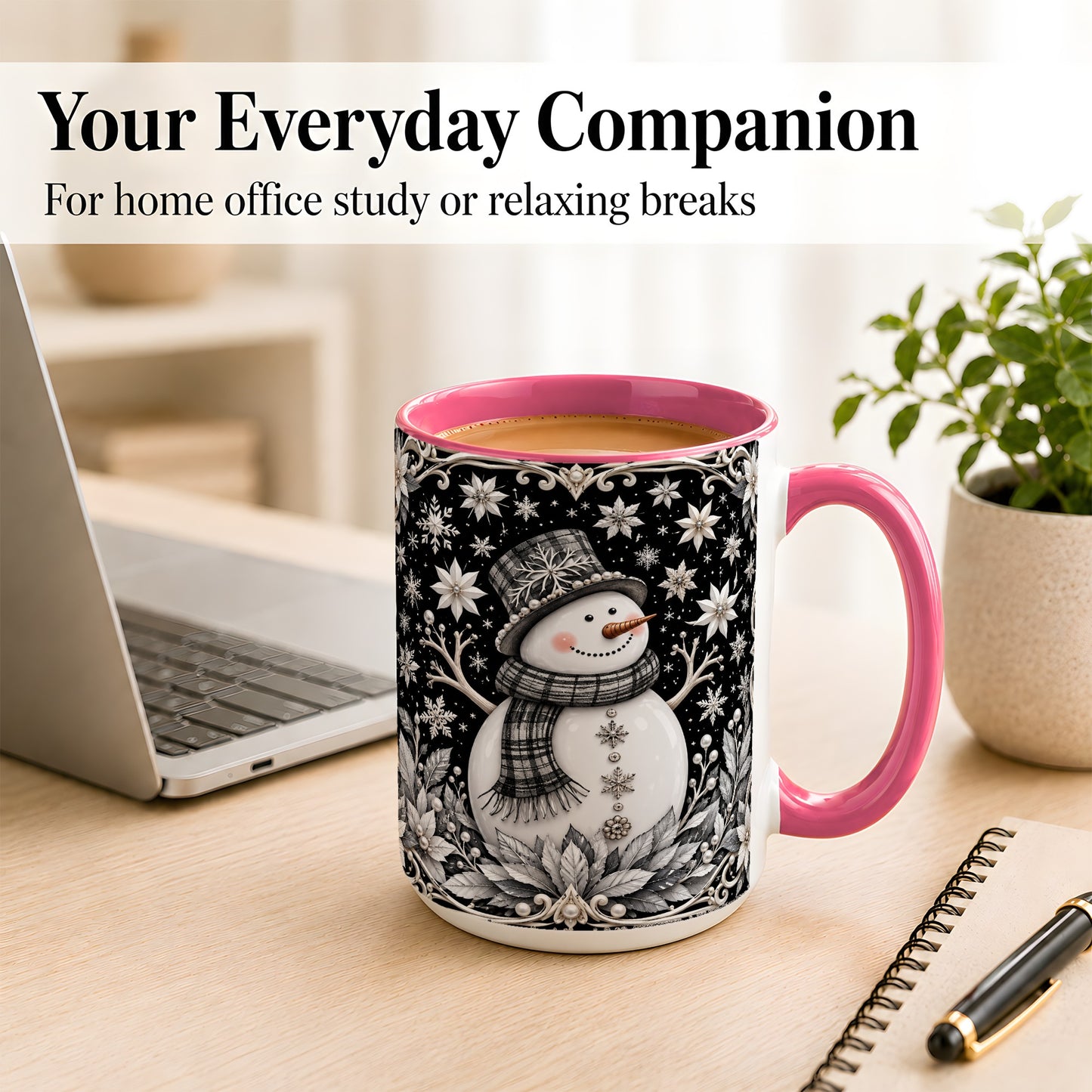 #pl[15oz|Pink] Pearl Snowman Coffee Mug, Poinsettia Winter Mug, Ceramic Cup