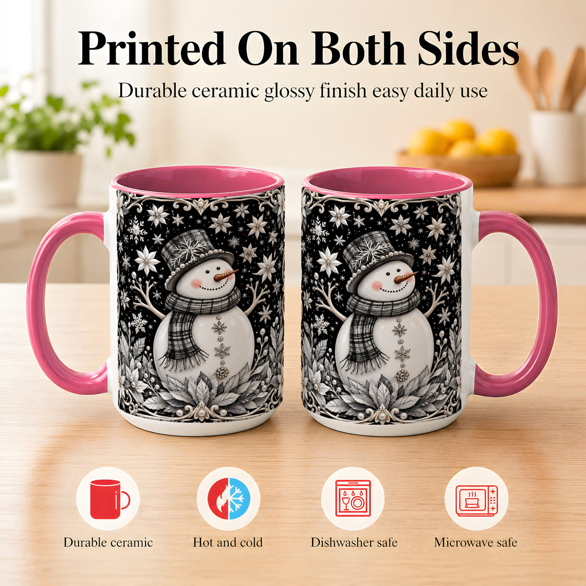 #pl[15oz|Pink] Pearl Snowman Coffee Mug, Poinsettia Winter Mug, Ceramic Cup