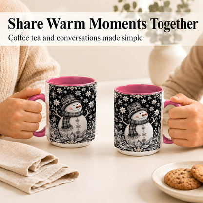 #pl[15oz|Pink] Pearl Snowman Coffee Mug, Poinsettia Winter Mug, Ceramic Cup