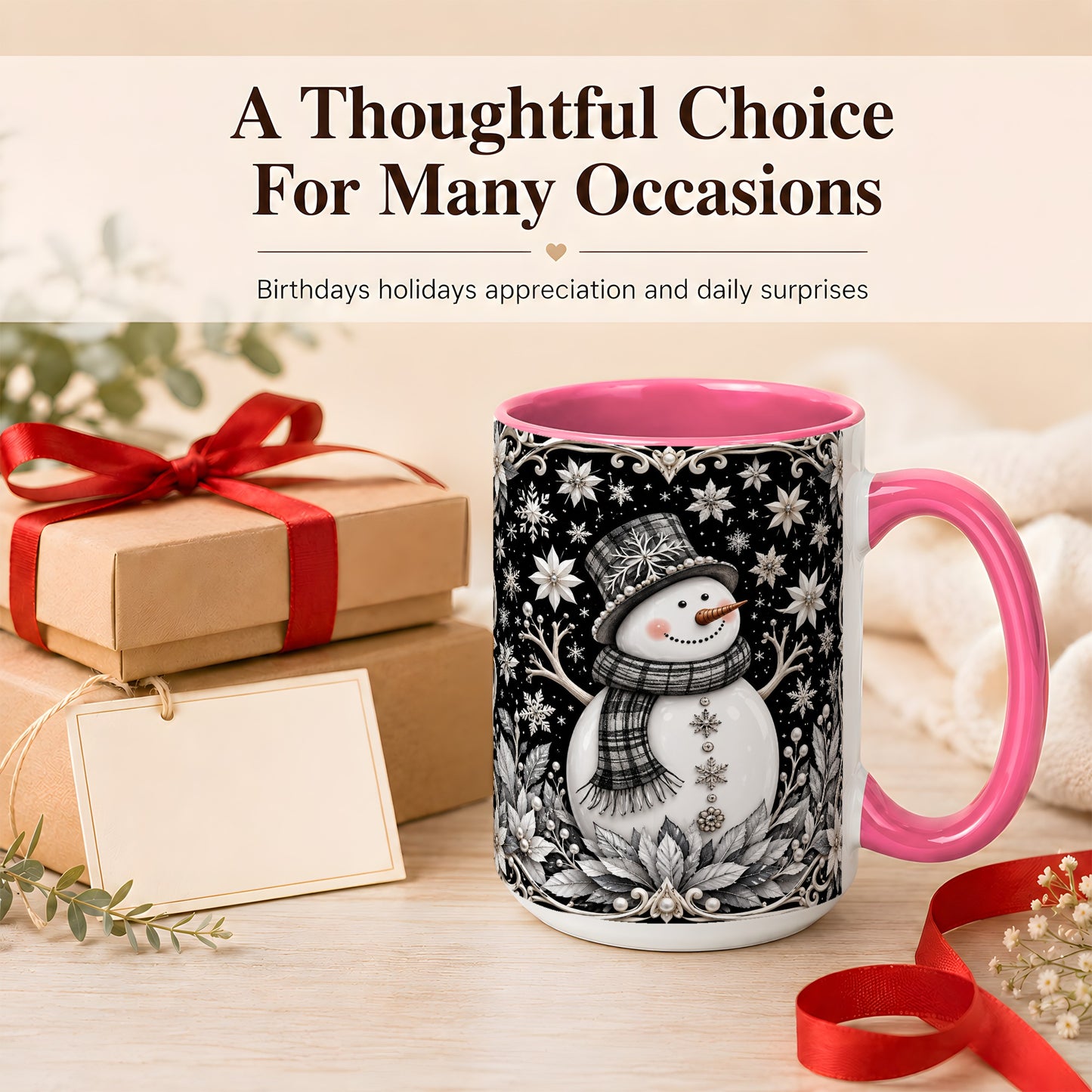 #pl[15oz|Pink] Pearl Snowman Coffee Mug, Poinsettia Winter Mug, Ceramic Cup