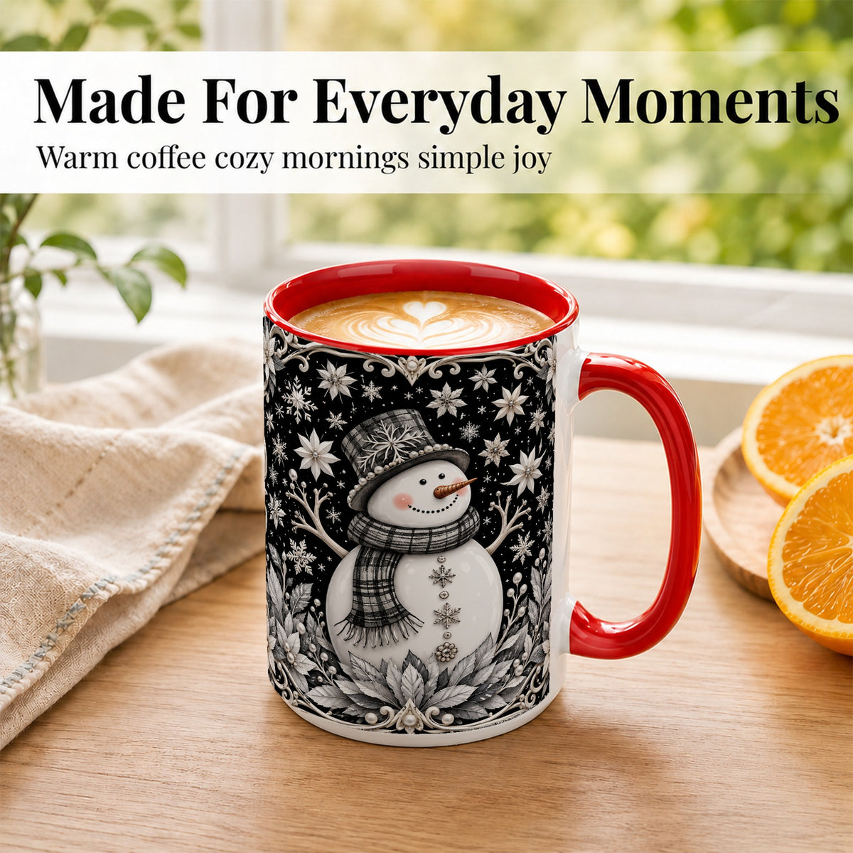 #pl[15oz|Red] Pearl Snowman Coffee Mug, Poinsettia Winter Mug, Ceramic Cup