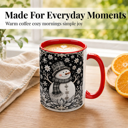 #pl[15oz|Red] Pearl Snowman Coffee Mug, Poinsettia Winter Mug, Ceramic Cup