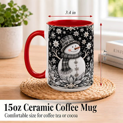 #pl[15oz|Red] Pearl Snowman Coffee Mug, Poinsettia Winter Mug, Ceramic Cup