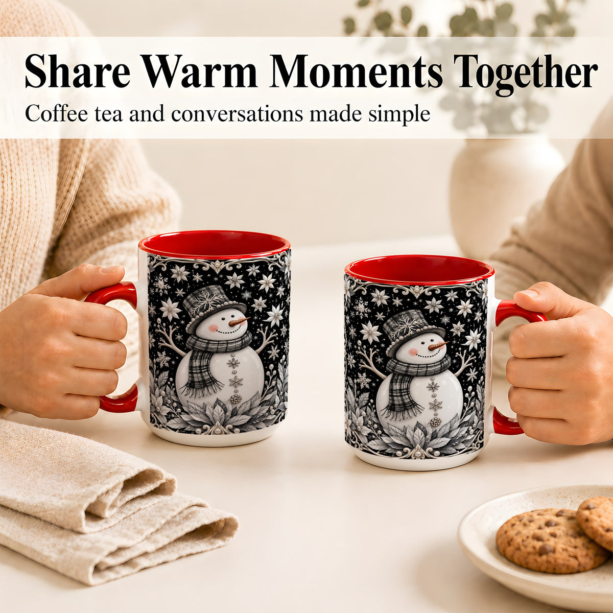 #pl[15oz|Red] Pearl Snowman Coffee Mug, Poinsettia Winter Mug, Ceramic Cup
