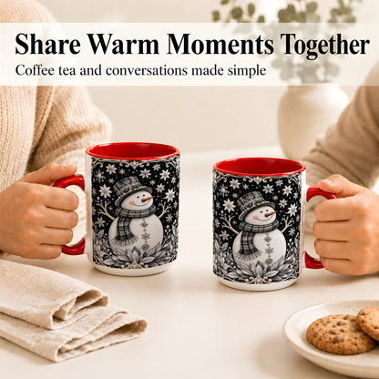 #pl[15oz|Red] Pearl Snowman Coffee Mug, Poinsettia Winter Mug, Ceramic Cup