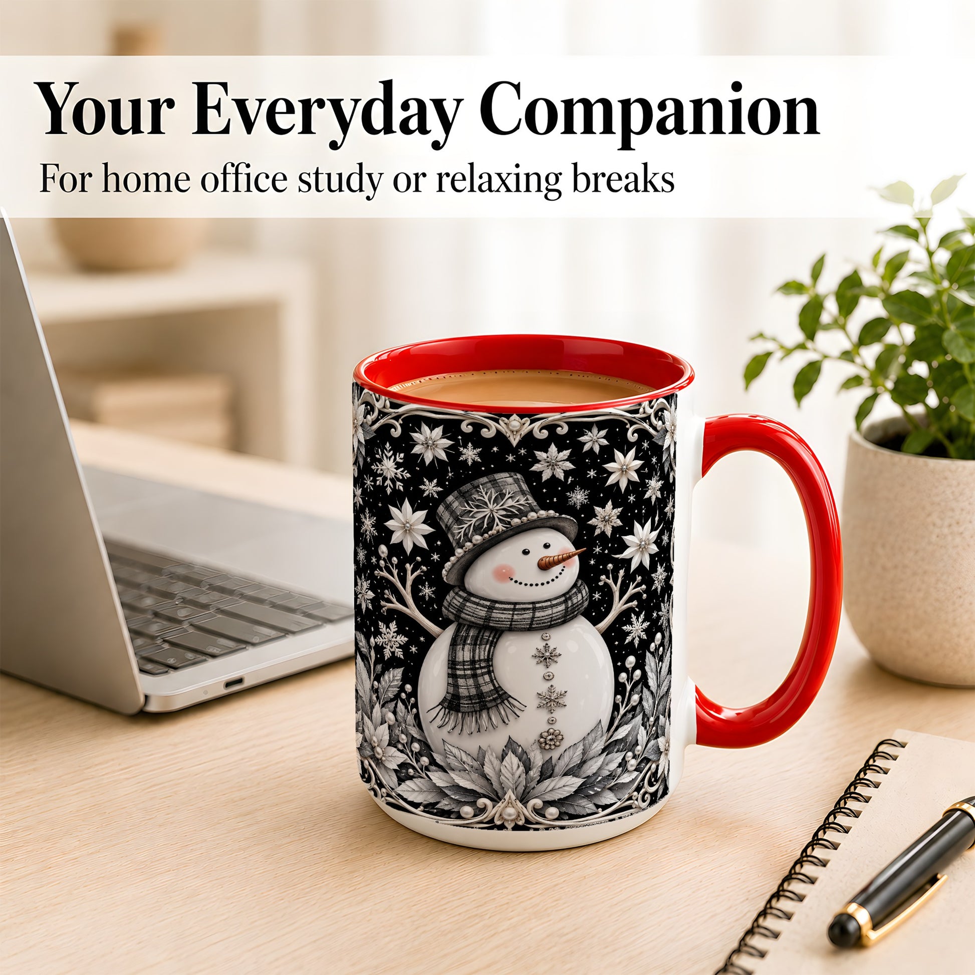 #pl[15oz|Red] Pearl Snowman Coffee Mug, Poinsettia Winter Mug, Ceramic Cup