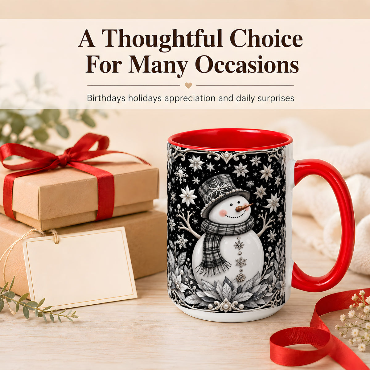 #pl[15oz|Red] Pearl Snowman Coffee Mug, Poinsettia Winter Mug, Ceramic Cup