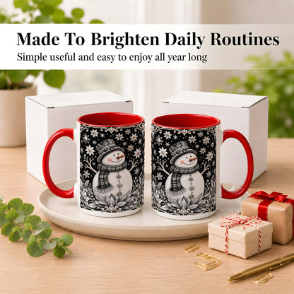 #pl[15oz|Red] Pearl Snowman Coffee Mug, Poinsettia Winter Mug, Ceramic Cup
