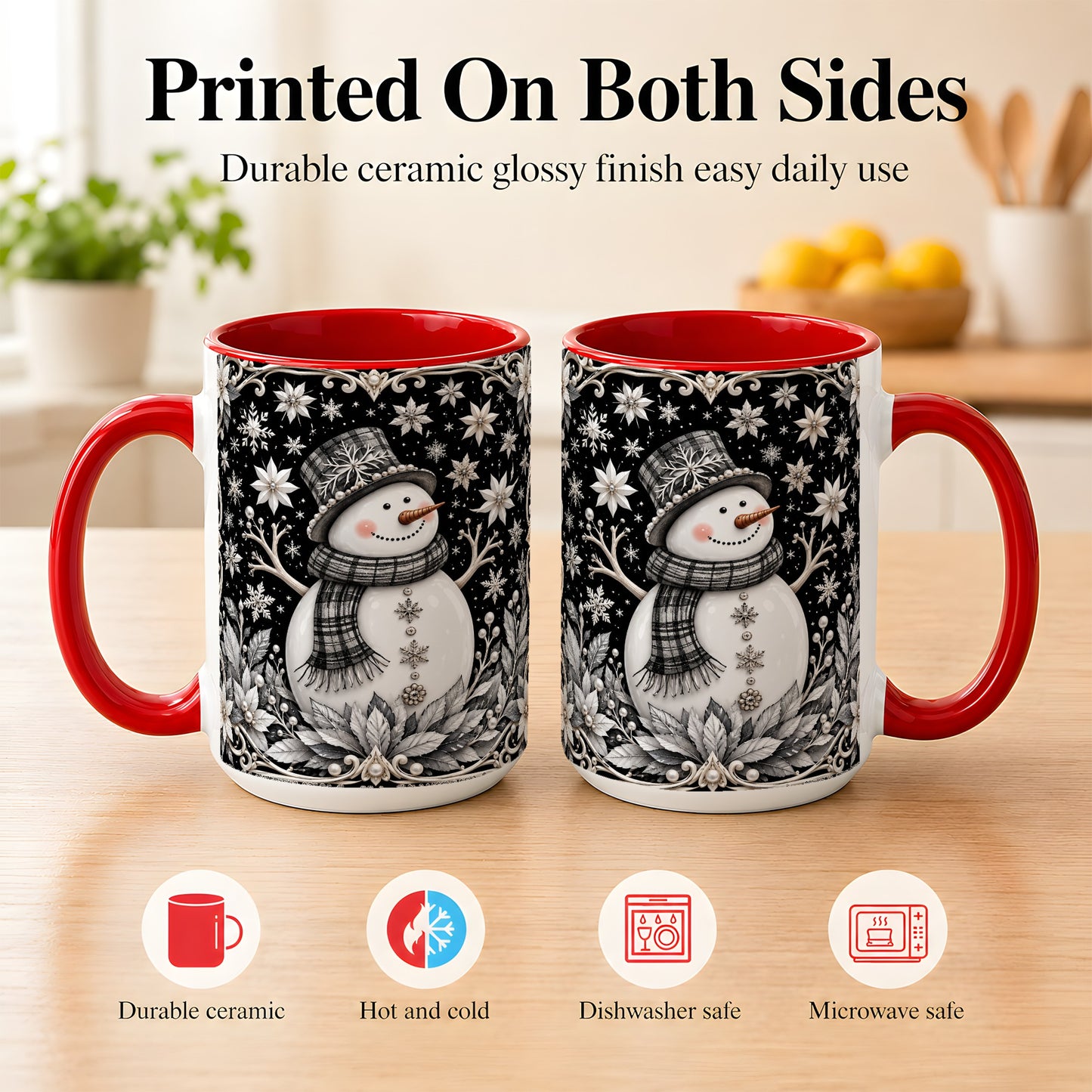 #pl[15oz|Red] Pearl Snowman Coffee Mug, Poinsettia Winter Mug, Ceramic Cup