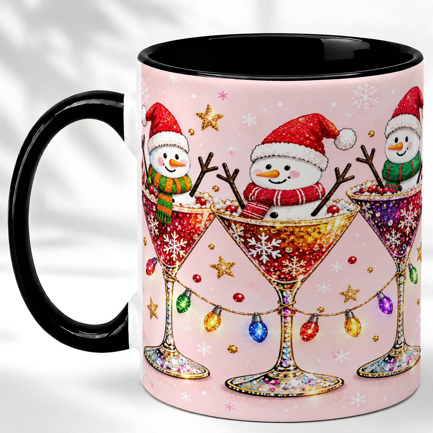 #pl[11oz|Black] Snowman Martini Coffee Mug, Pink Christmas Mug, Ceramic Cup