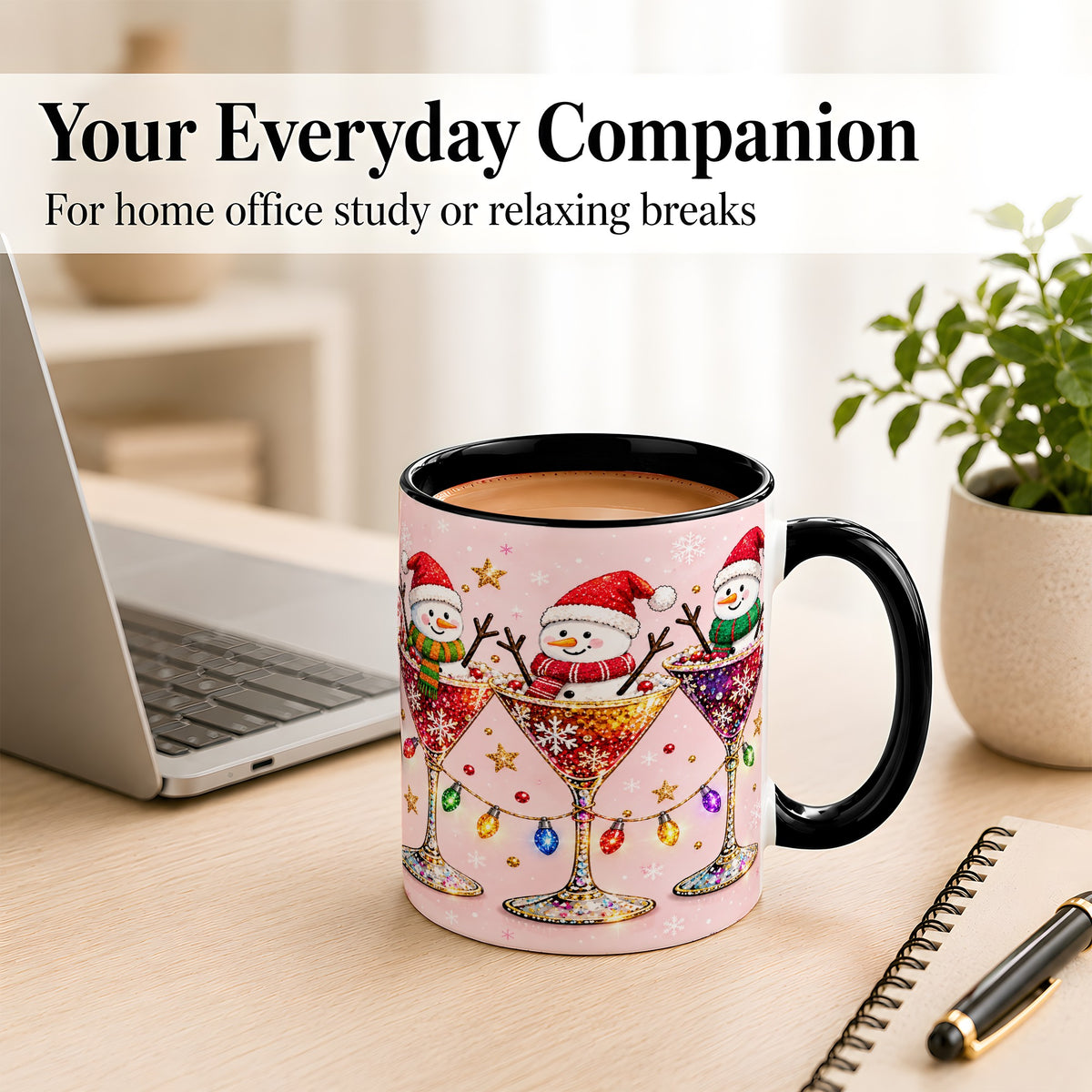 #pl[11oz|Black] Snowman Martini Coffee Mug, Pink Christmas Mug, Ceramic Cup