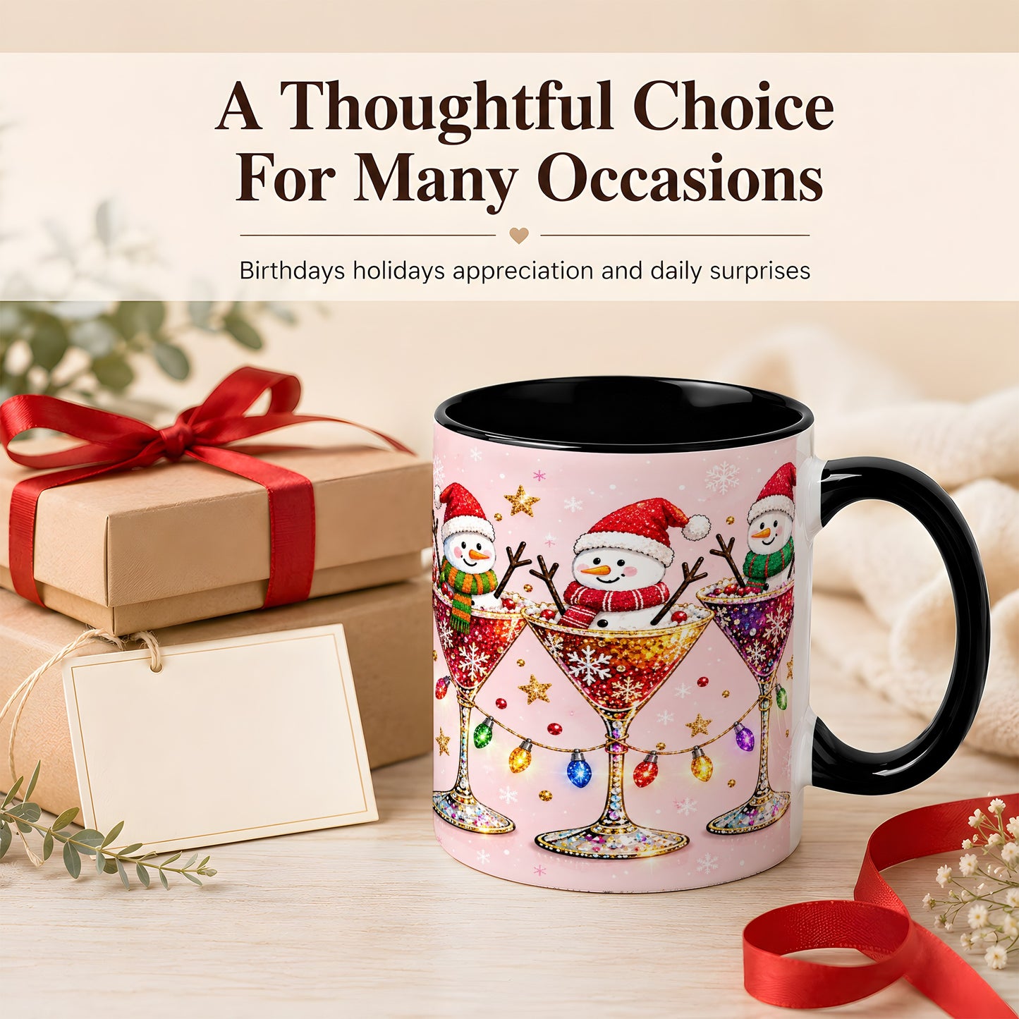 #pl[11oz|Black] Snowman Martini Coffee Mug, Pink Christmas Mug, Ceramic Cup