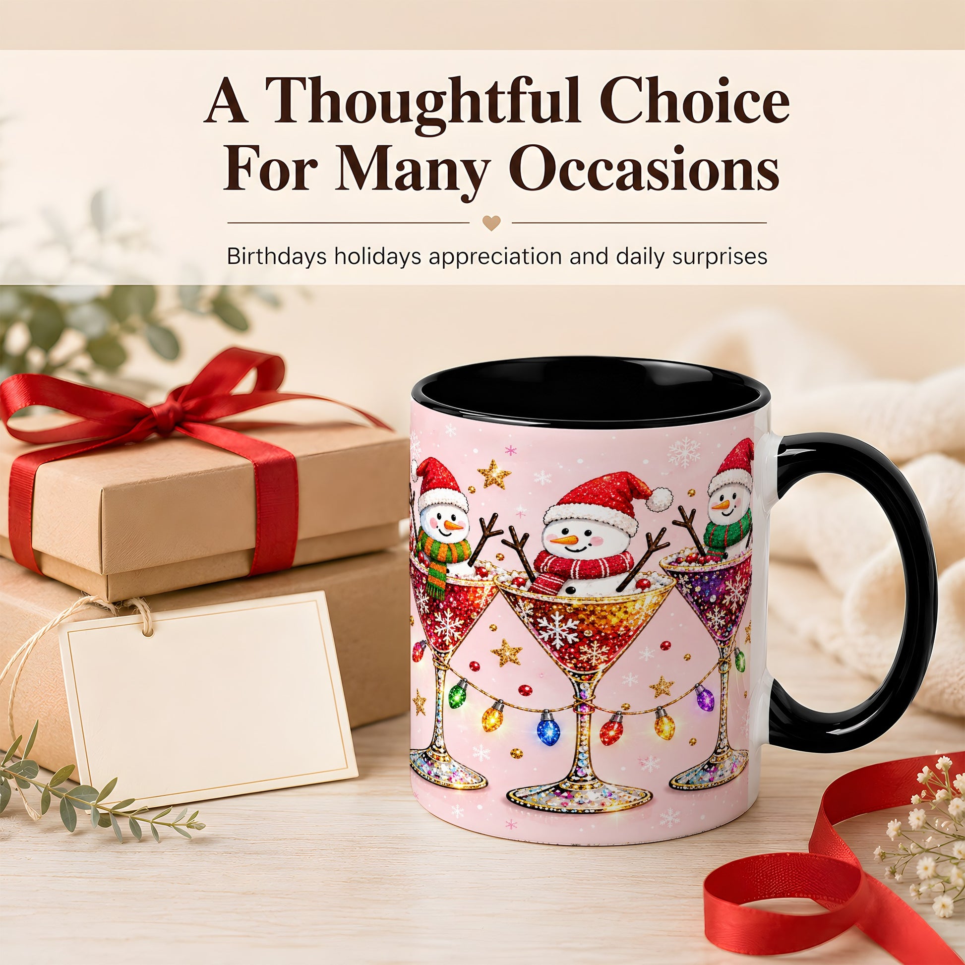 #pl[11oz|Black] Snowman Martini Coffee Mug, Pink Christmas Mug, Ceramic Cup