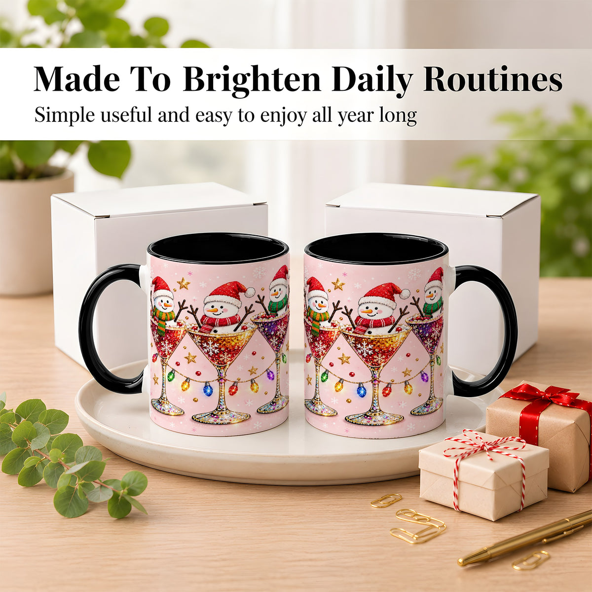 #pl[11oz|Black] Snowman Martini Coffee Mug, Pink Christmas Mug, Ceramic Cup