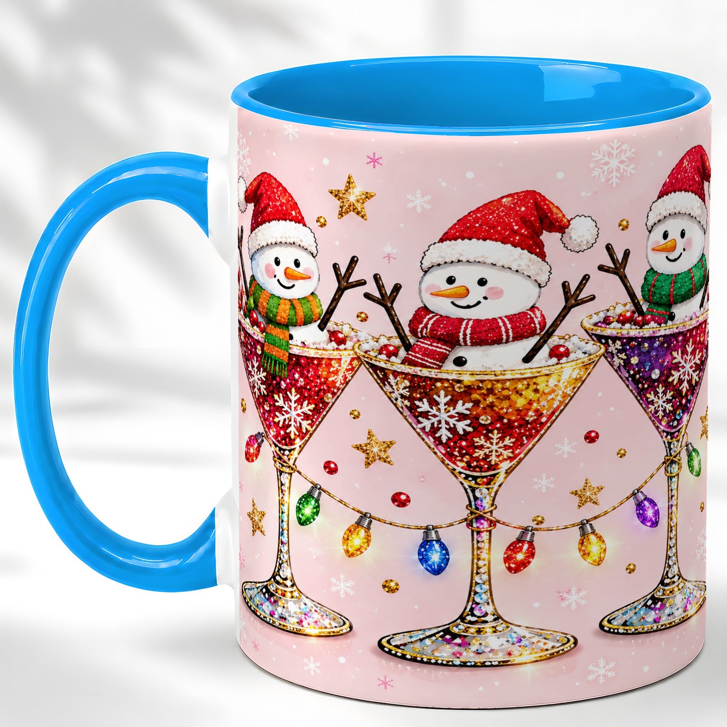#pl[11oz|Blue] Snowman Martini Coffee Mug, Pink Christmas Mug, Ceramic Cup