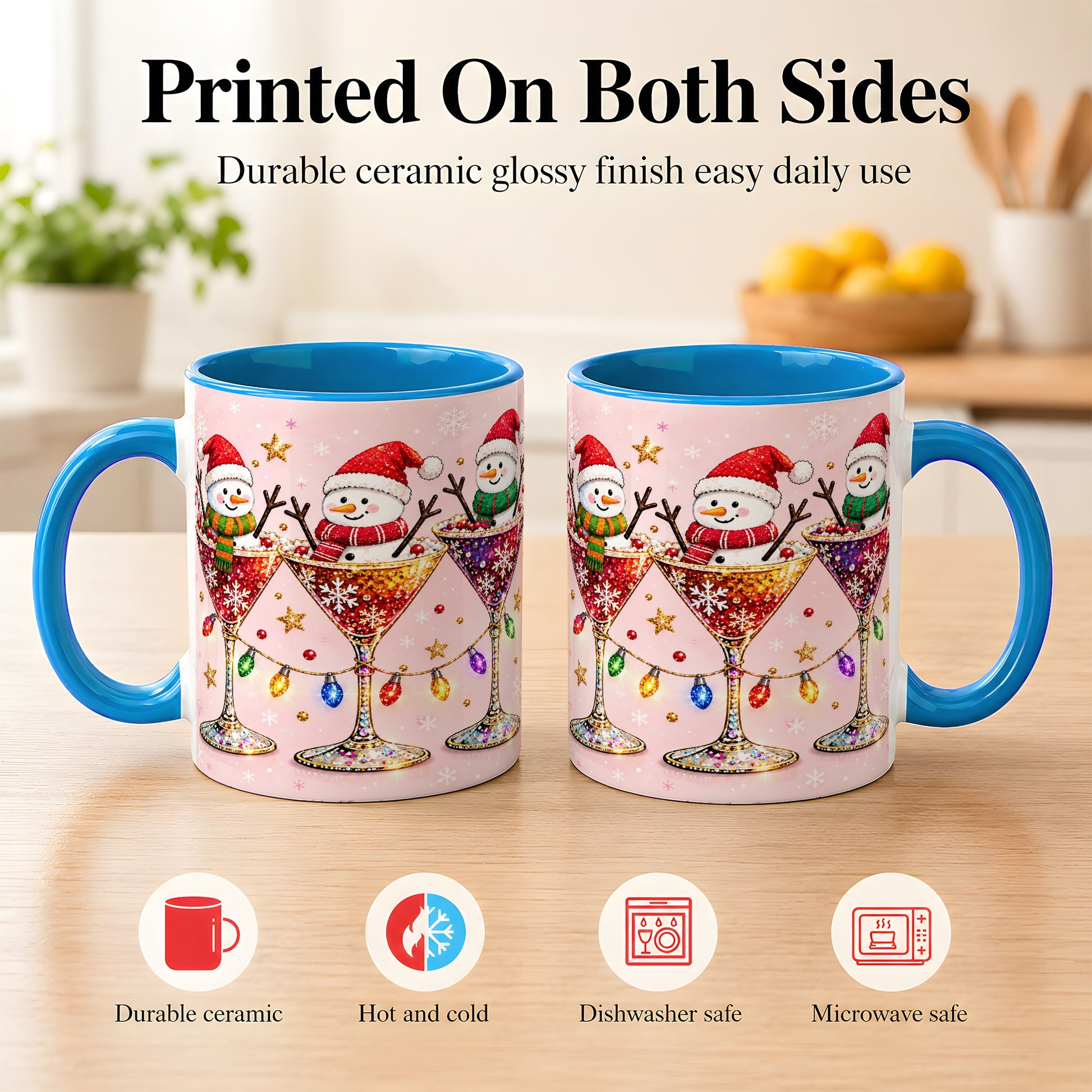 #pl[11oz|Blue] Snowman Martini Coffee Mug, Pink Christmas Mug, Ceramic Cup