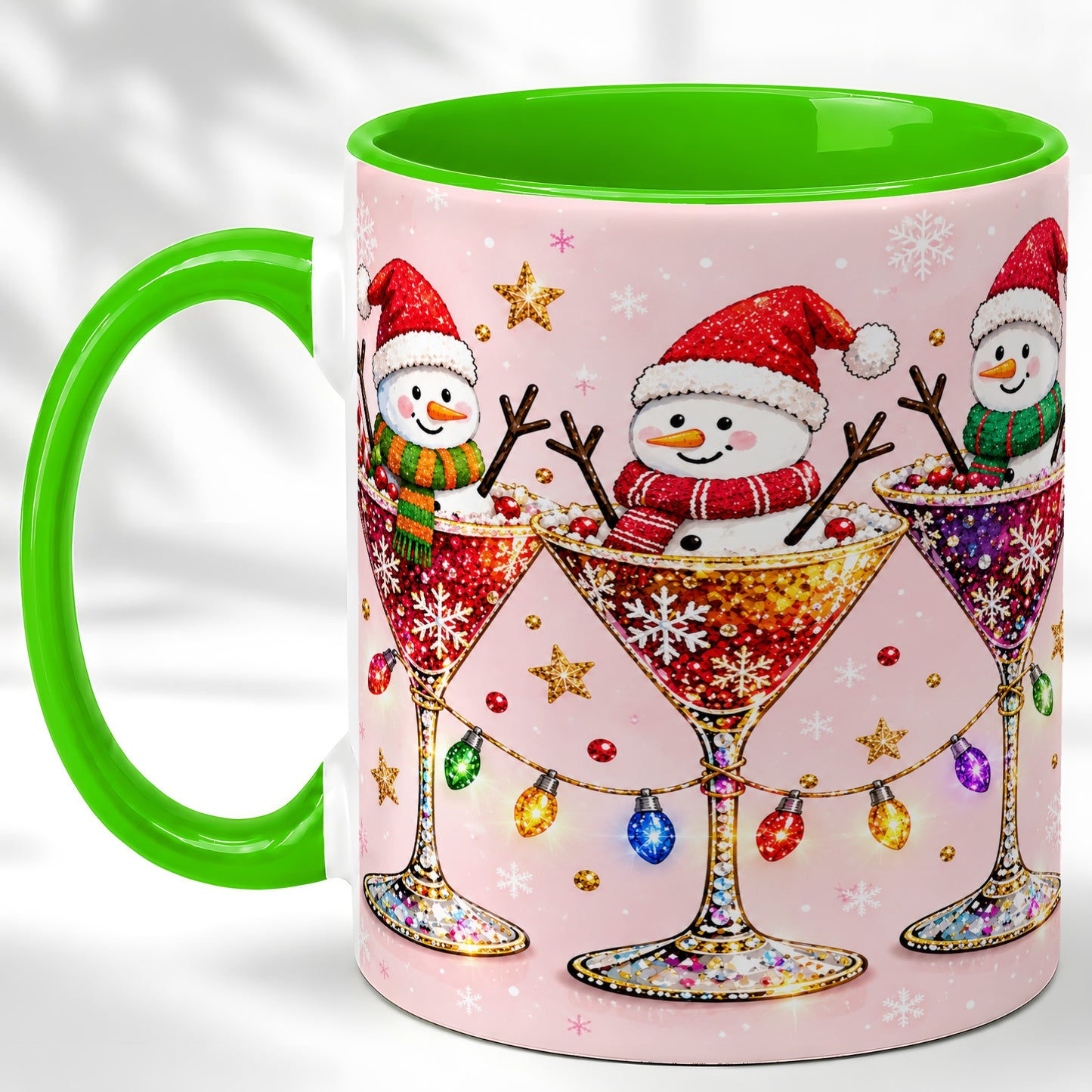 #pl[11oz|Green] Snowman Martini Coffee Mug, Pink Christmas Mug, Ceramic Cup