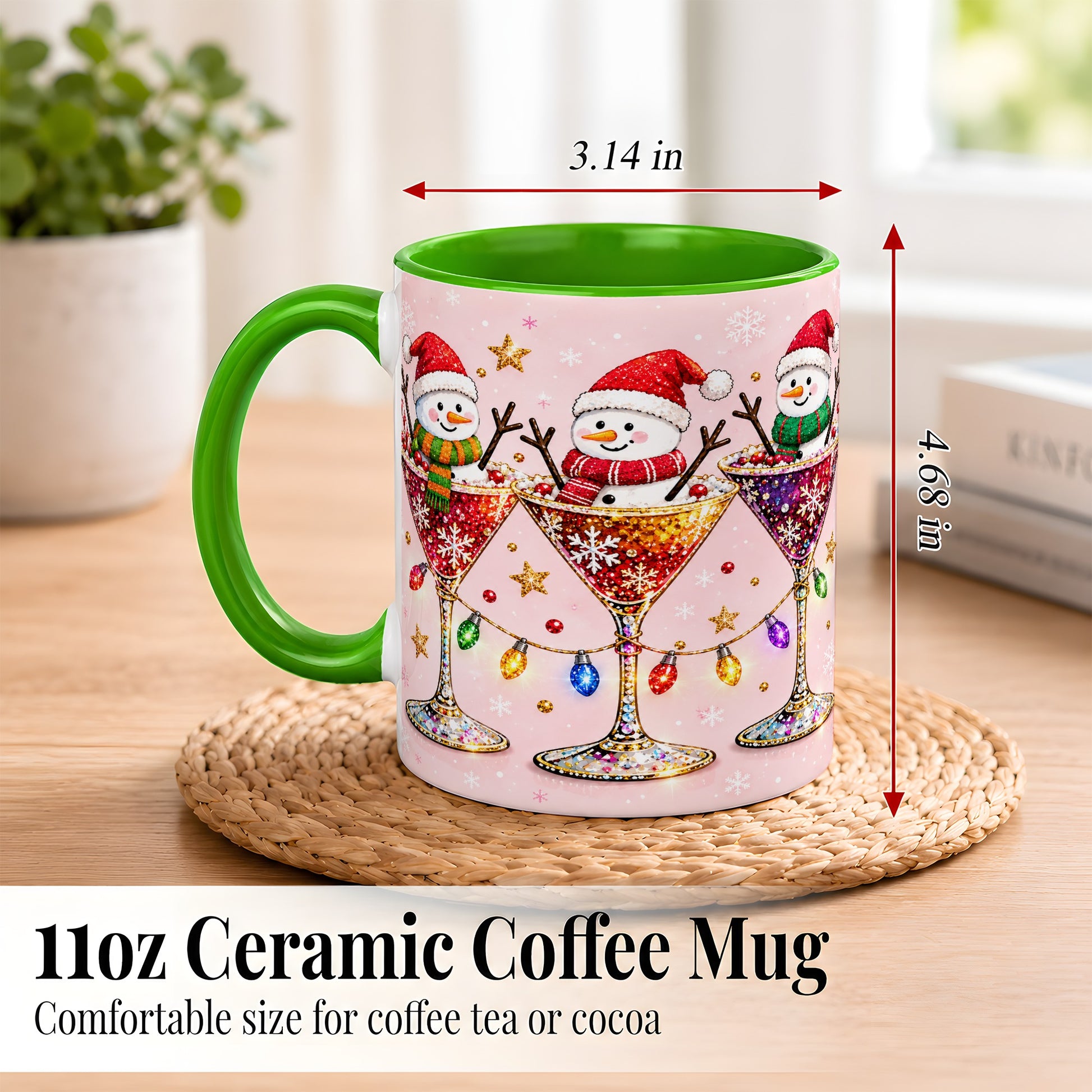 #pl[11oz|Green] Snowman Martini Coffee Mug, Pink Christmas Mug, Ceramic Cup
