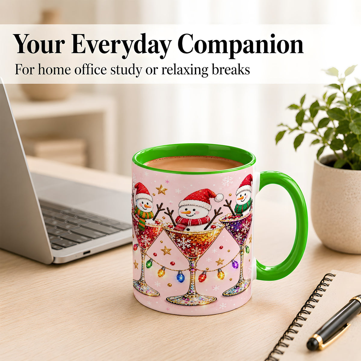 #pl[11oz|Green] Snowman Martini Coffee Mug, Pink Christmas Mug, Ceramic Cup
