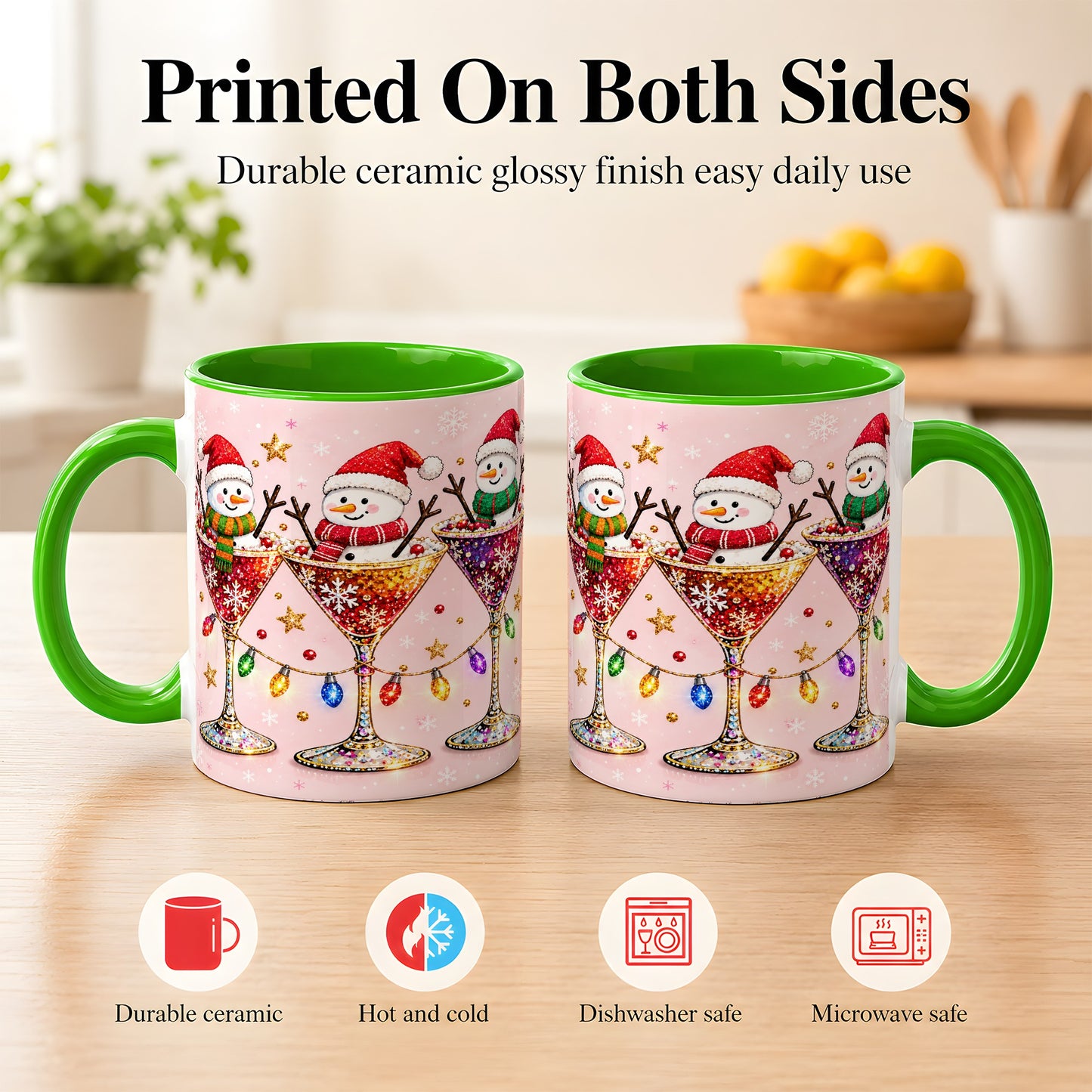 #pl[11oz|Green] Snowman Martini Coffee Mug, Pink Christmas Mug, Ceramic Cup