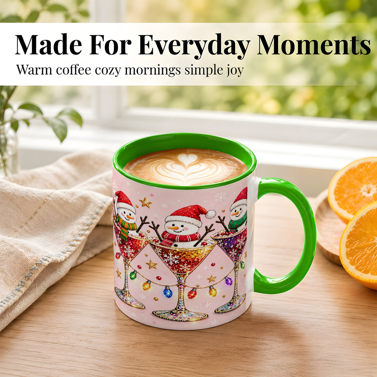 #pl[11oz|Green] Snowman Martini Coffee Mug, Pink Christmas Mug, Ceramic Cup