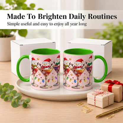 #pl[11oz|Green] Snowman Martini Coffee Mug, Pink Christmas Mug, Ceramic Cup