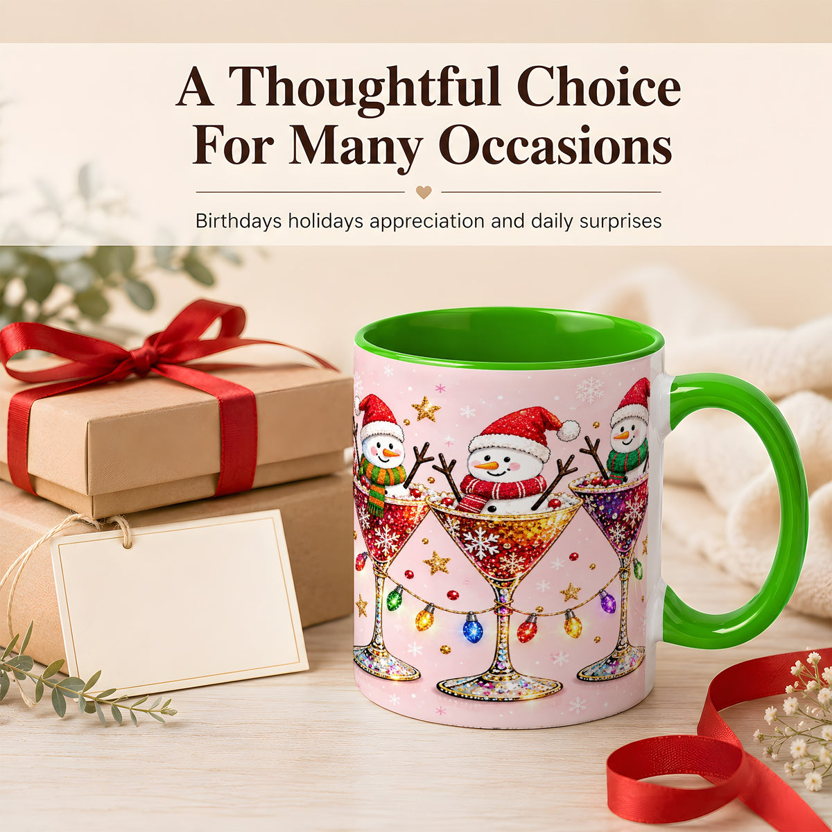 #pl[11oz|Green] Snowman Martini Coffee Mug, Pink Christmas Mug, Ceramic Cup