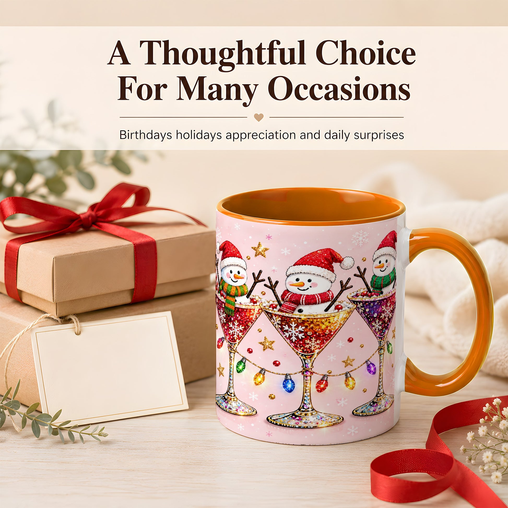 #pl[11oz|Orange] Snowman Martini Coffee Mug, Pink Christmas Mug, Ceramic Cup