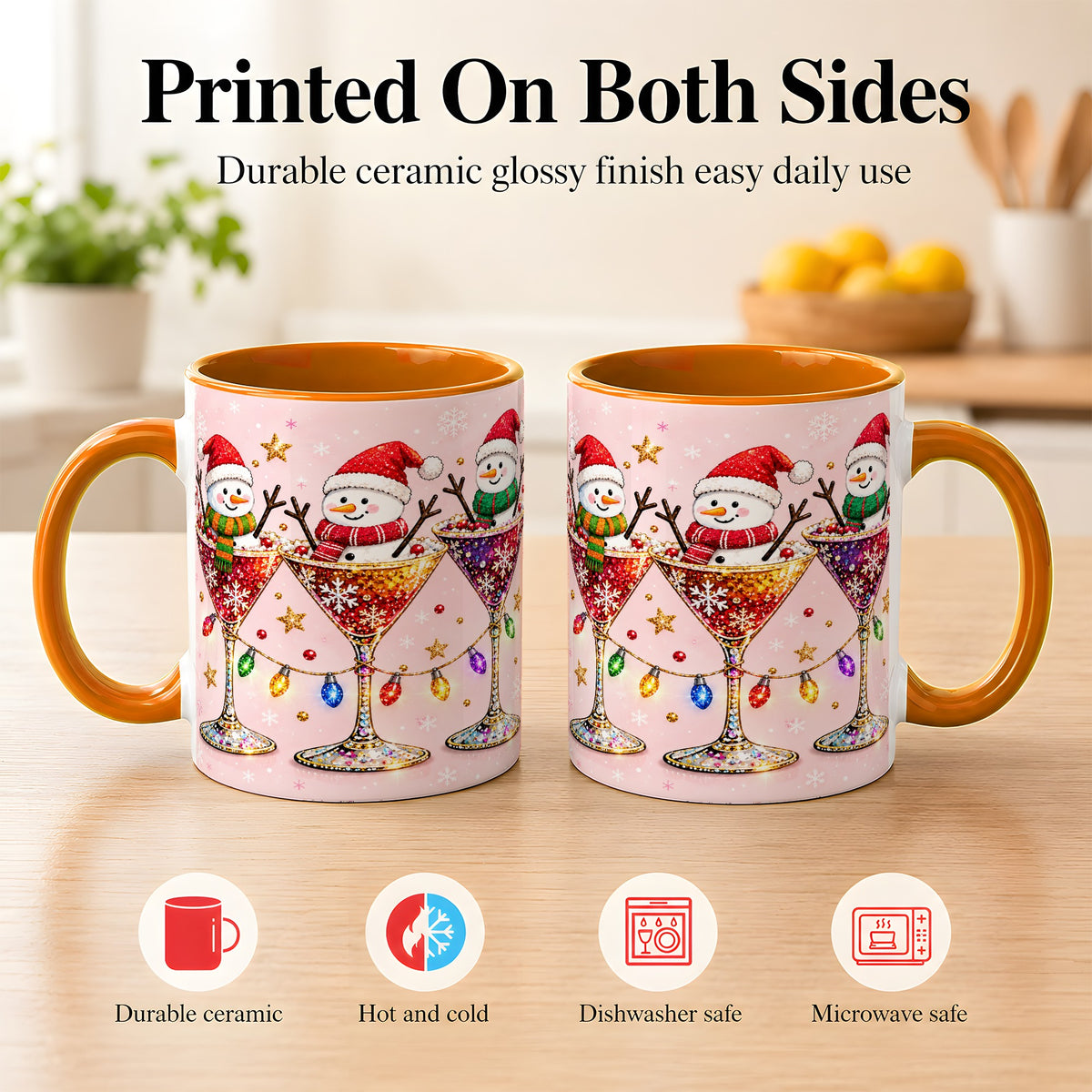 #pl[11oz|Orange] Snowman Martini Coffee Mug, Pink Christmas Mug, Ceramic Cup