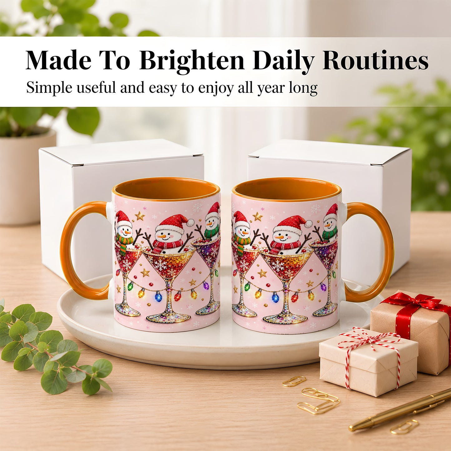 #pl[11oz|Orange] Snowman Martini Coffee Mug, Pink Christmas Mug, Ceramic Cup