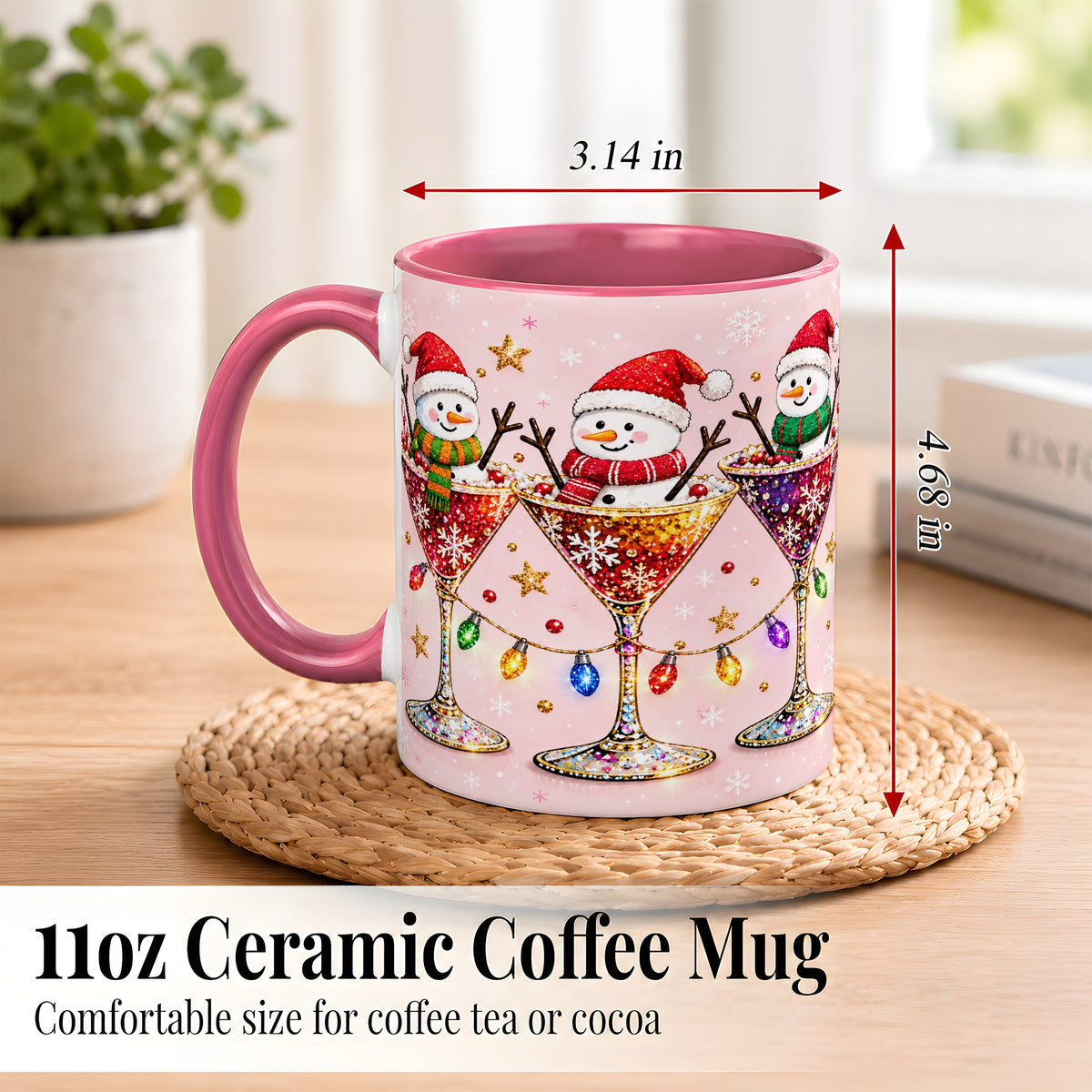 #pl[11oz|Pink] Snowman Martini Coffee Mug, Pink Christmas Mug, Ceramic Cup