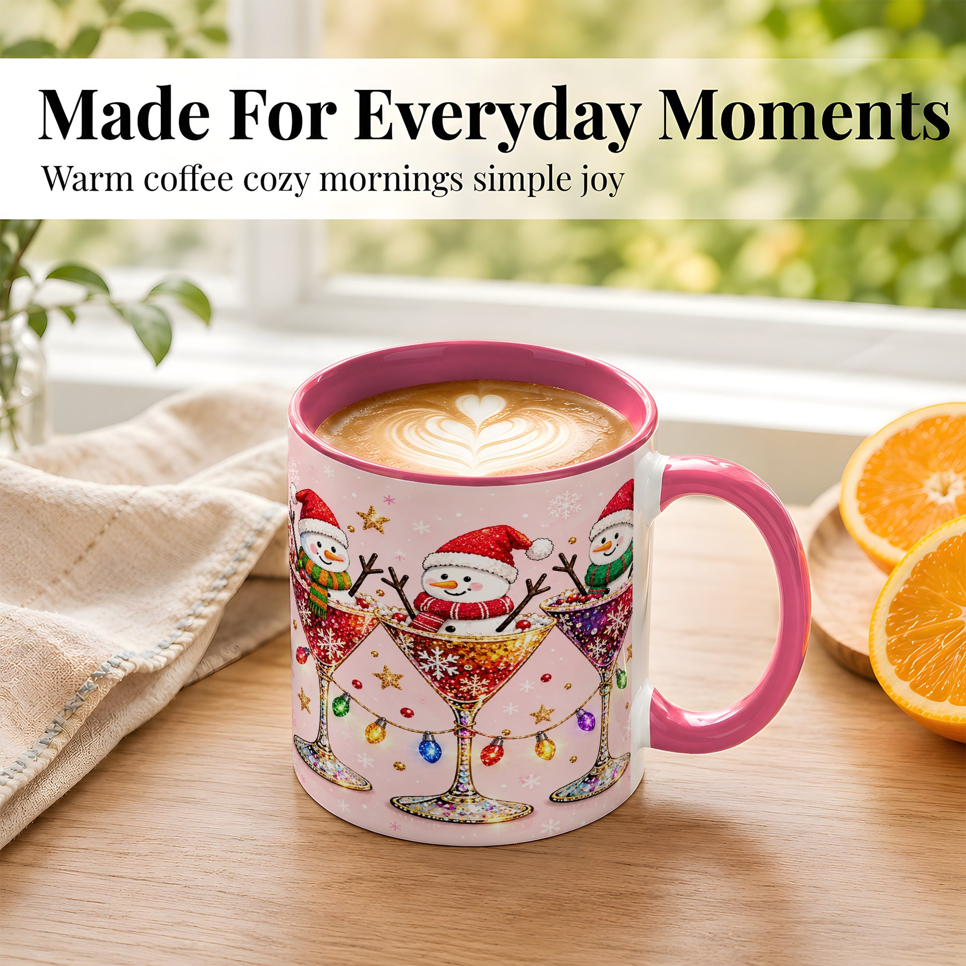 #pl[11oz|Pink] Snowman Martini Coffee Mug, Pink Christmas Mug, Ceramic Cup