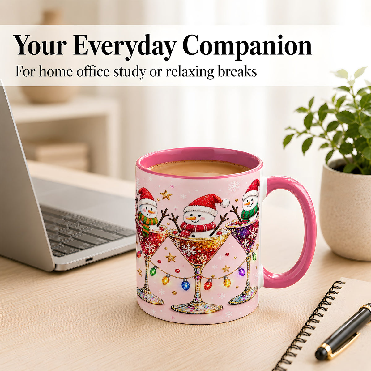 #pl[11oz|Pink] Snowman Martini Coffee Mug, Pink Christmas Mug, Ceramic Cup