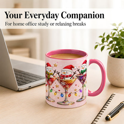 #pl[11oz|Pink] Snowman Martini Coffee Mug, Pink Christmas Mug, Ceramic Cup