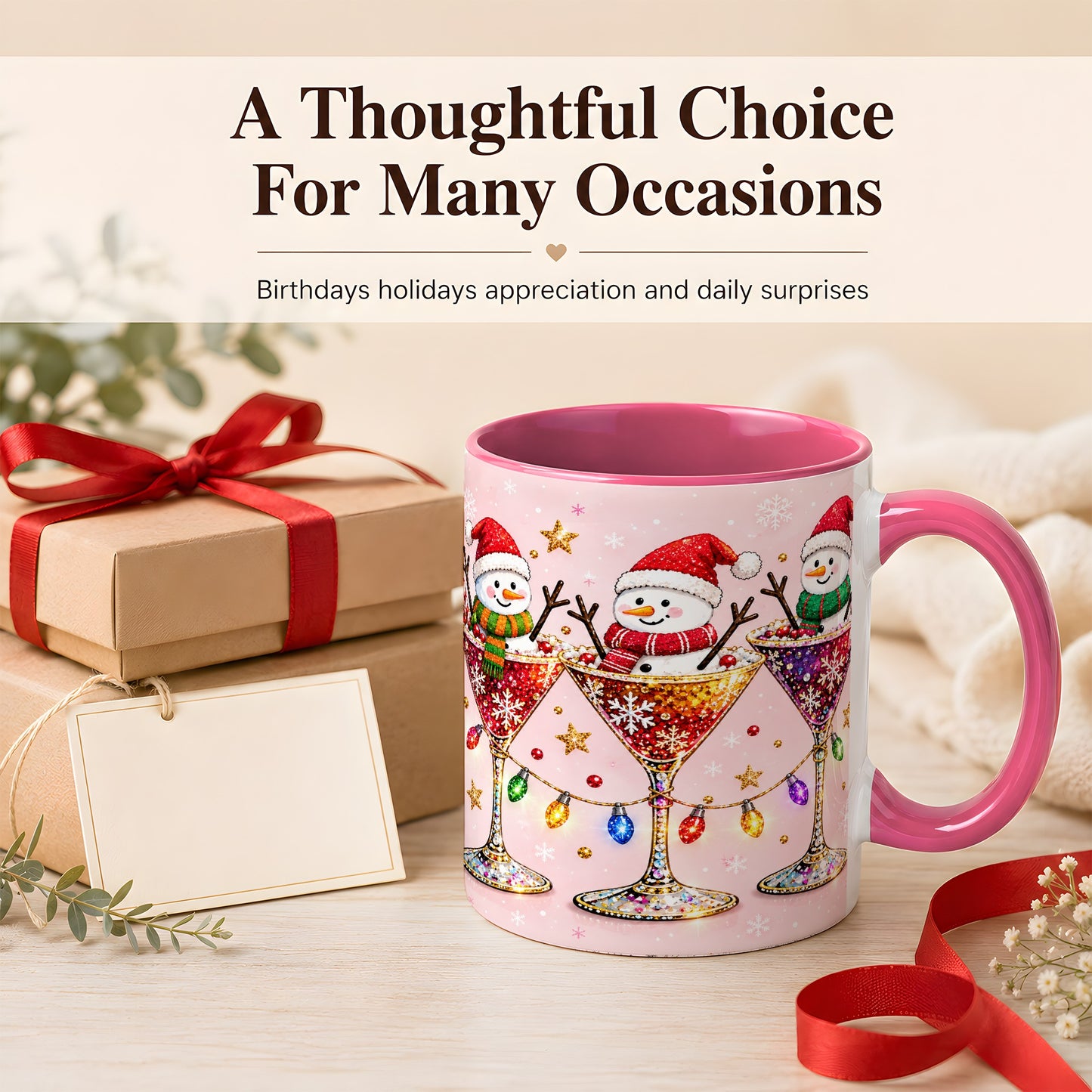 #pl[11oz|Pink] Snowman Martini Coffee Mug, Pink Christmas Mug, Ceramic Cup