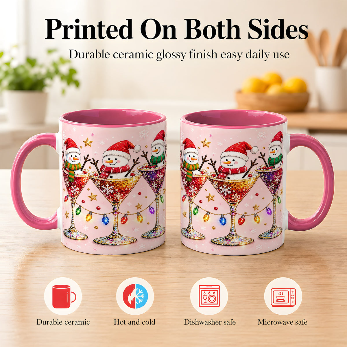 #pl[11oz|Pink] Snowman Martini Coffee Mug, Pink Christmas Mug, Ceramic Cup