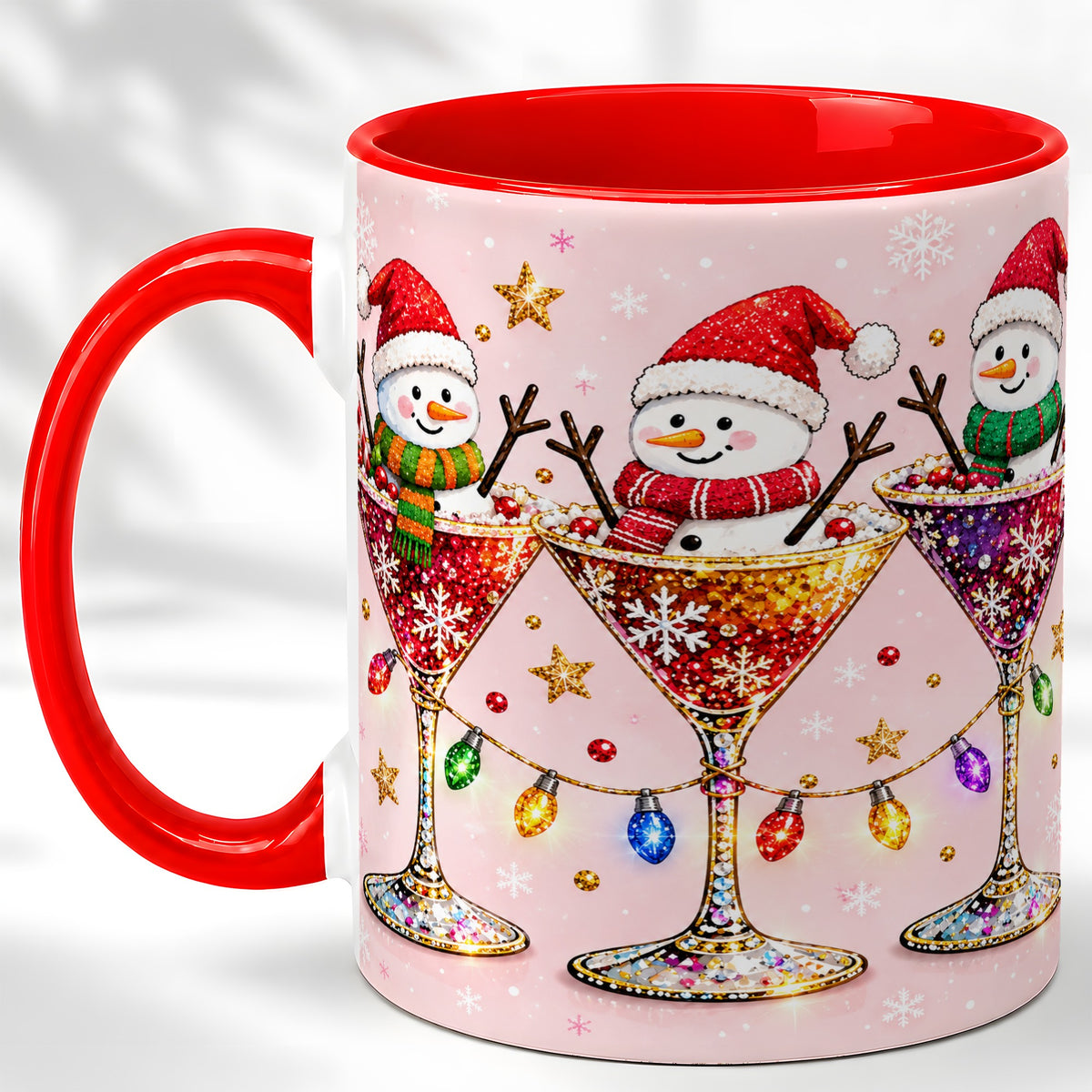 Snowman Martini Coffee Mug, Pink Christmas Mug, Ceramic Cup