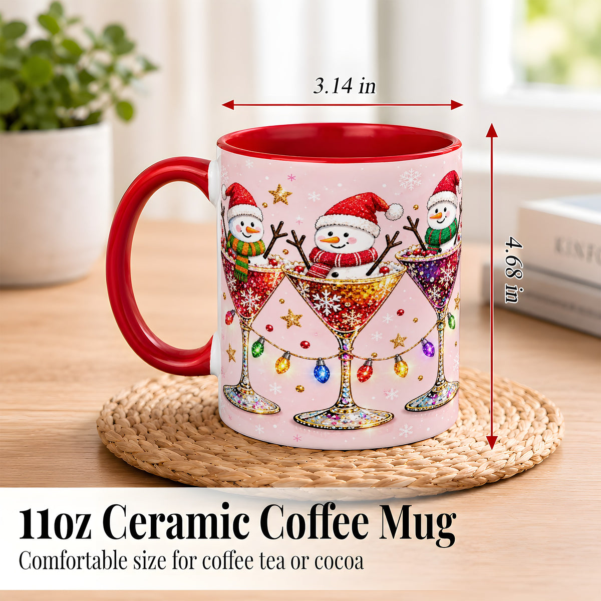 #pl[11oz|Red] Snowman Martini Coffee Mug, Pink Christmas Mug, Ceramic Cup