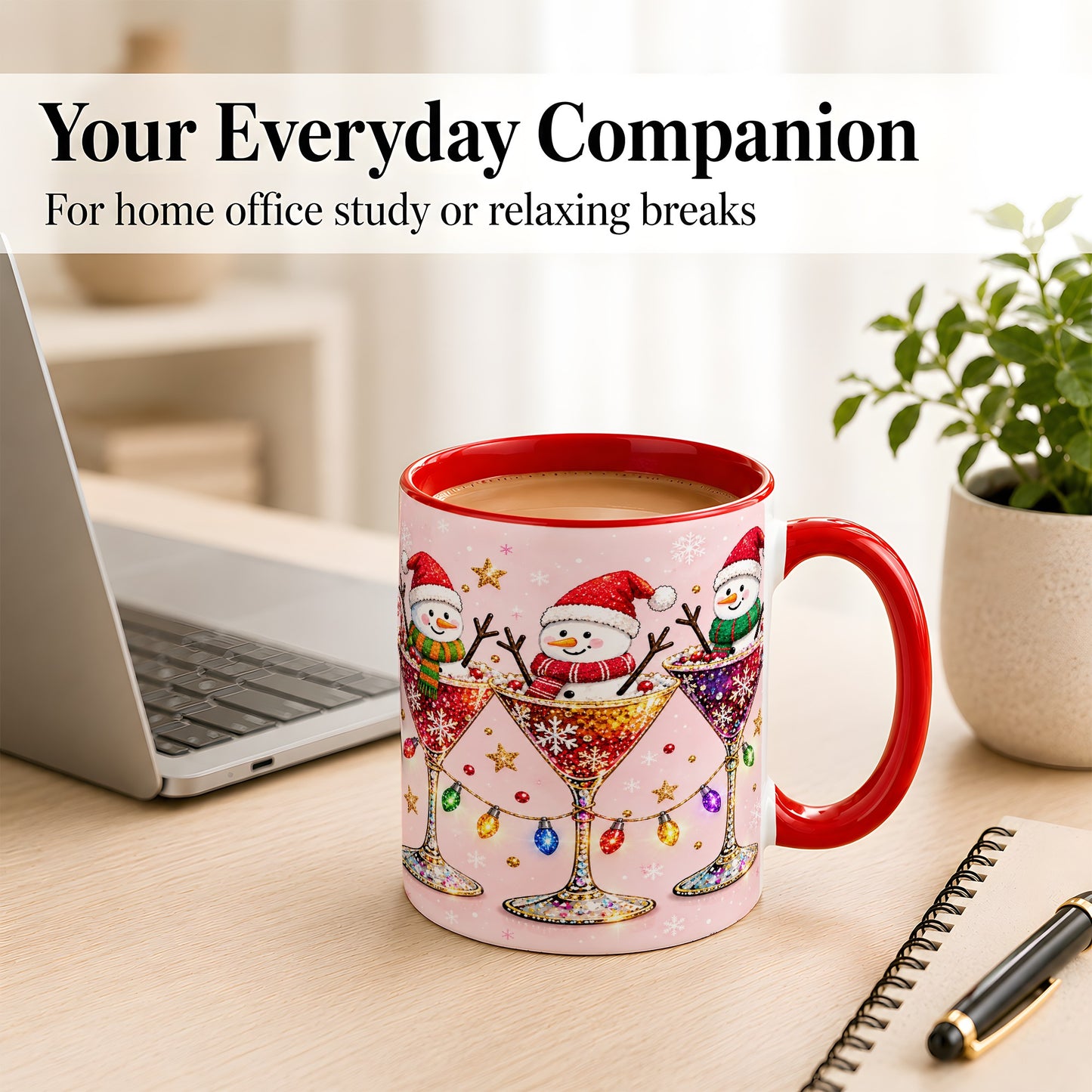 #pl[11oz|Red] Snowman Martini Coffee Mug, Pink Christmas Mug, Ceramic Cup