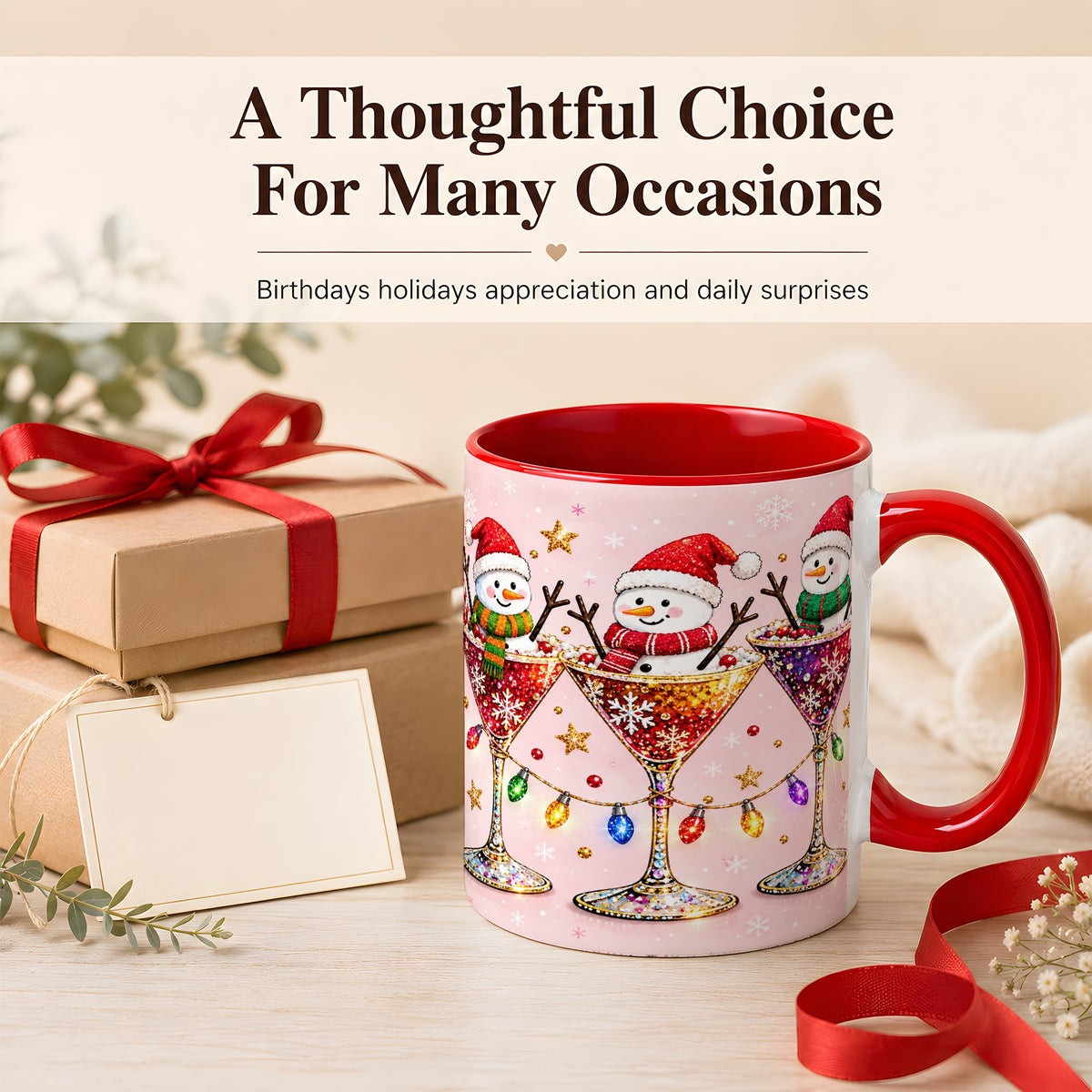 #pl[11oz|Red] Snowman Martini Coffee Mug, Pink Christmas Mug, Ceramic Cup