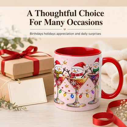 #pl[11oz|Red] Snowman Martini Coffee Mug, Pink Christmas Mug, Ceramic Cup