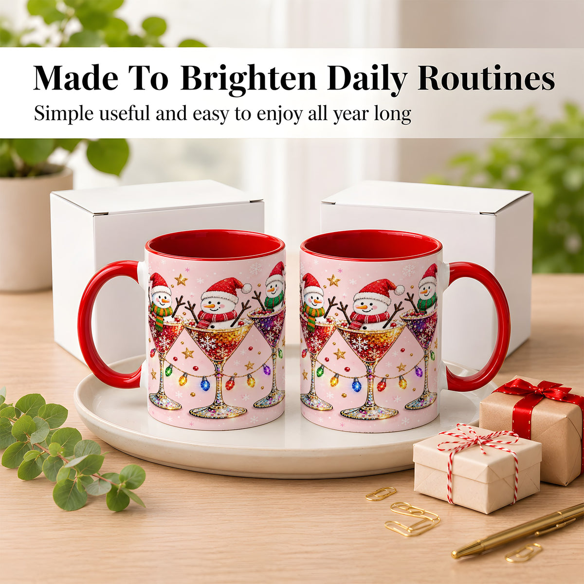 #pl[11oz|Red] Snowman Martini Coffee Mug, Pink Christmas Mug, Ceramic Cup