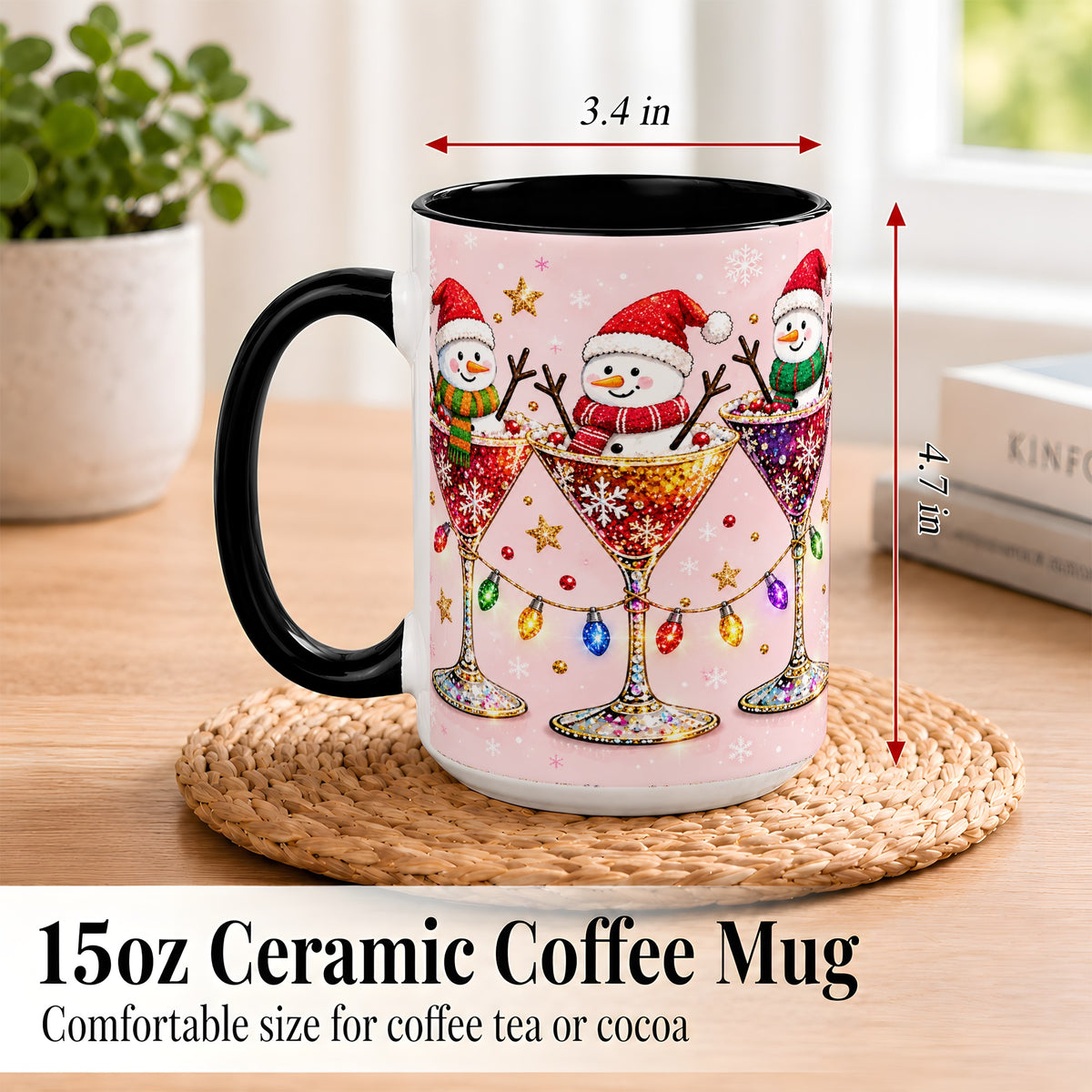 #pl[15oz|Black] Snowman Martini Coffee Mug, Pink Christmas Mug, Ceramic Cup