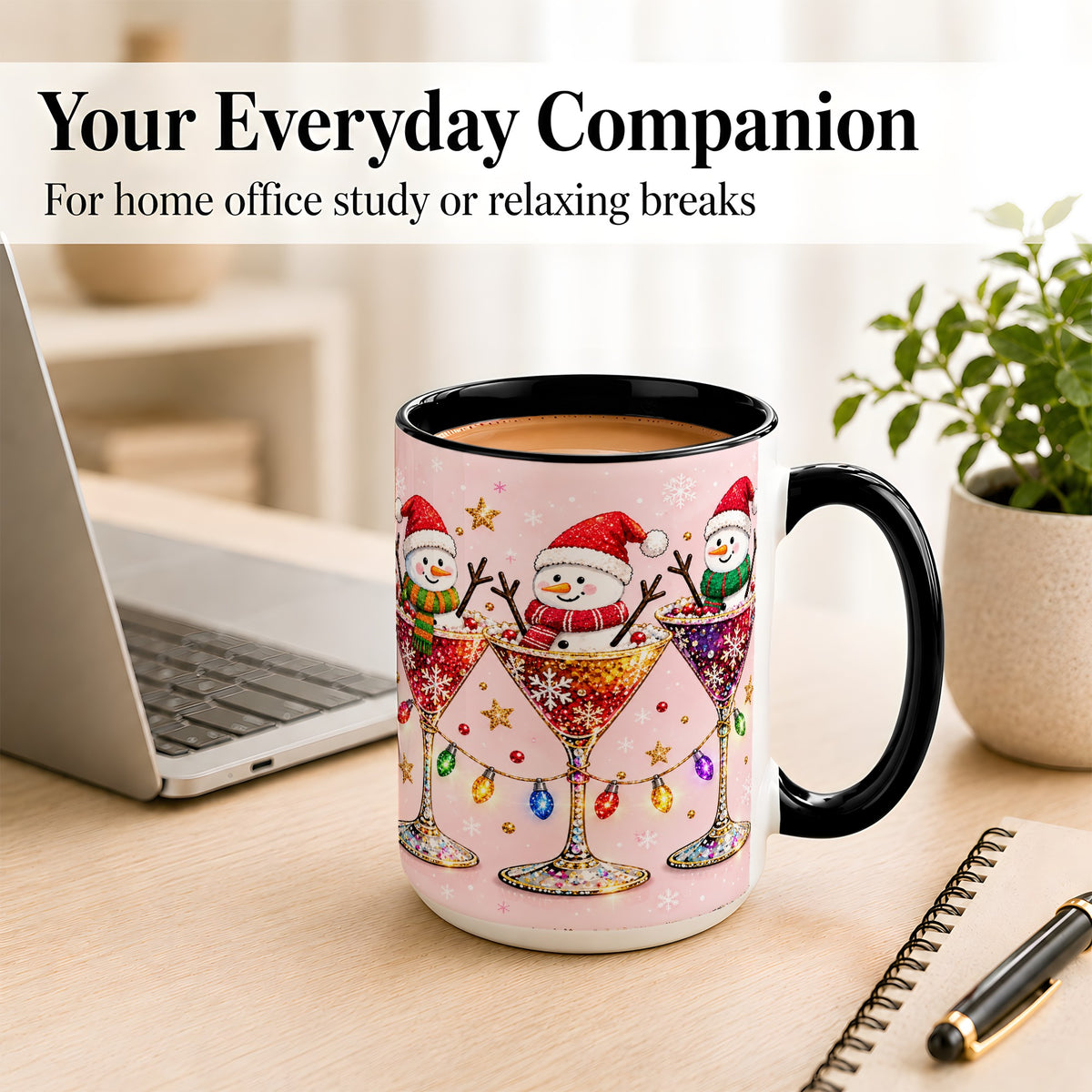 #pl[15oz|Black] Snowman Martini Coffee Mug, Pink Christmas Mug, Ceramic Cup